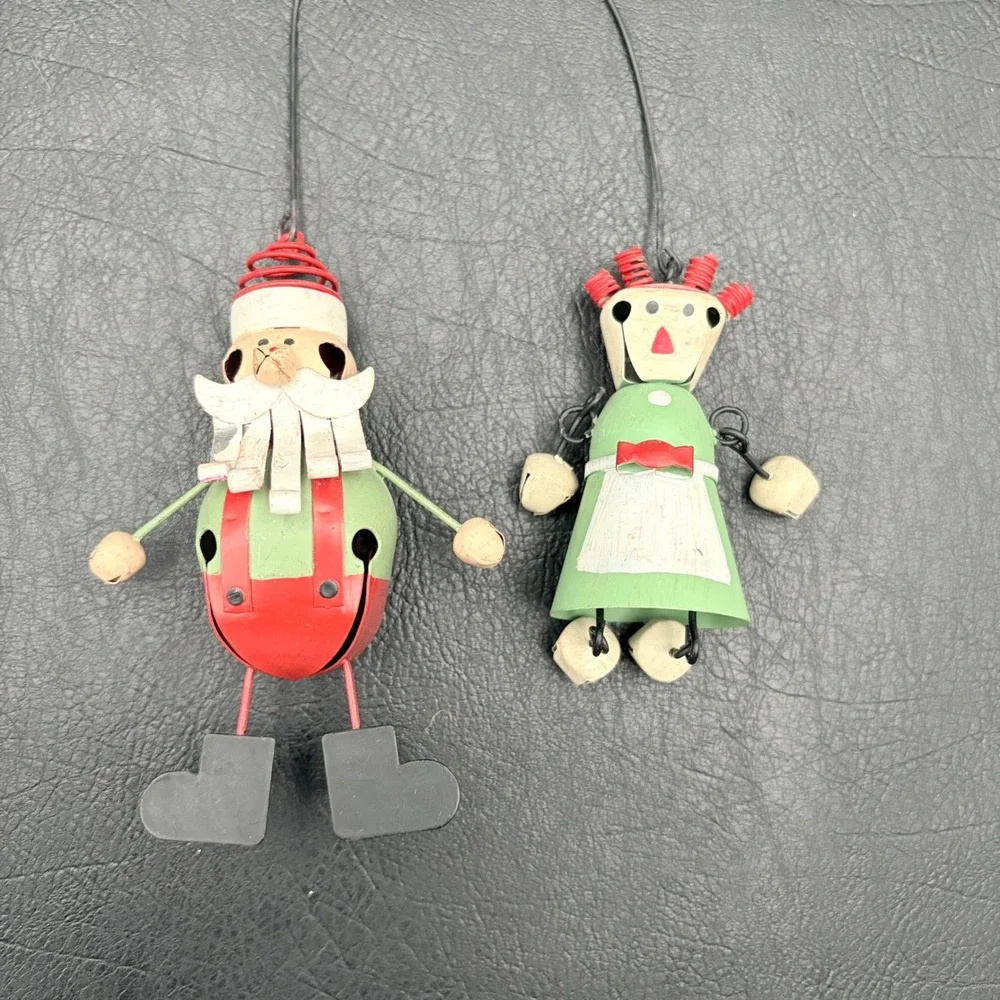 Vintage Style Metal Jingle Bell Santa and Mrs Claus Christmas Ornaments Set of 2